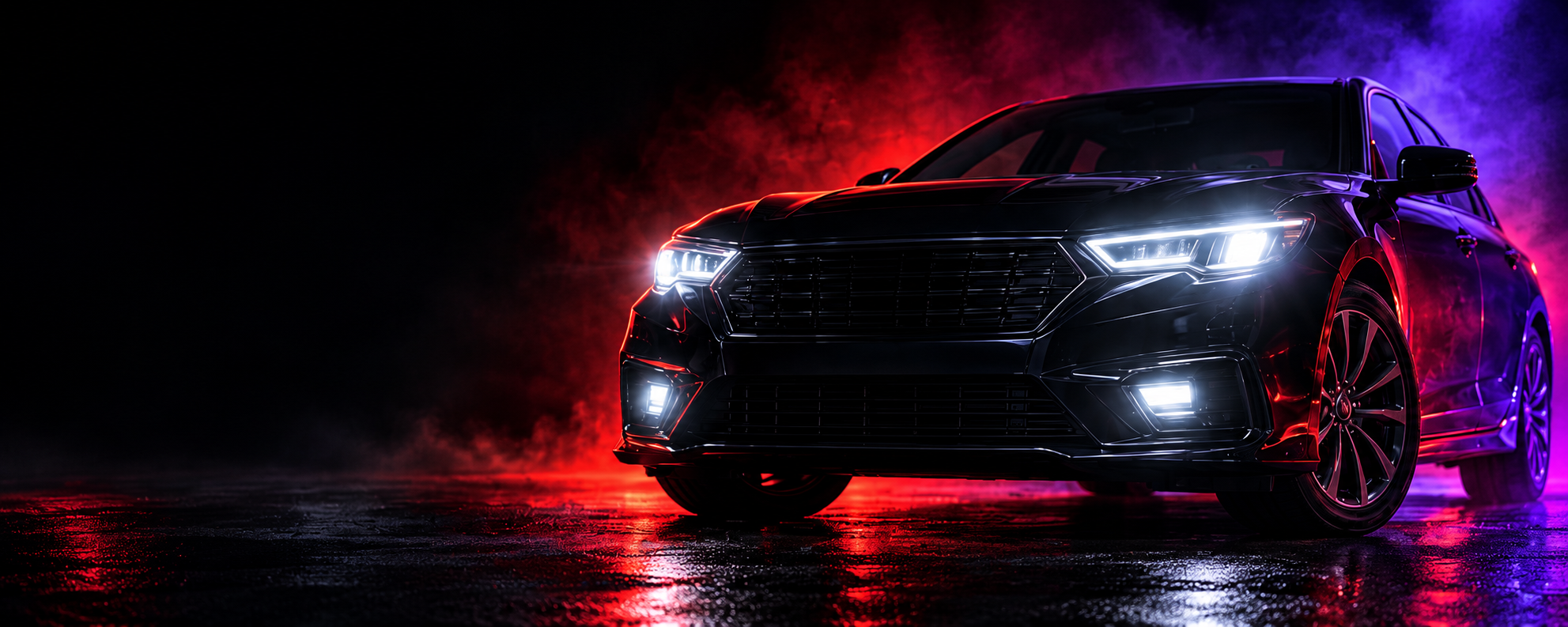 Automóvil negro con iluminación blanca y ambiente rojo y violeta